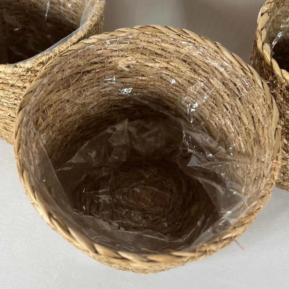 Set of 3 Rope Jute Wicker Grass Plastic Lined Plant Baskets Holders 5-5.75” Pots